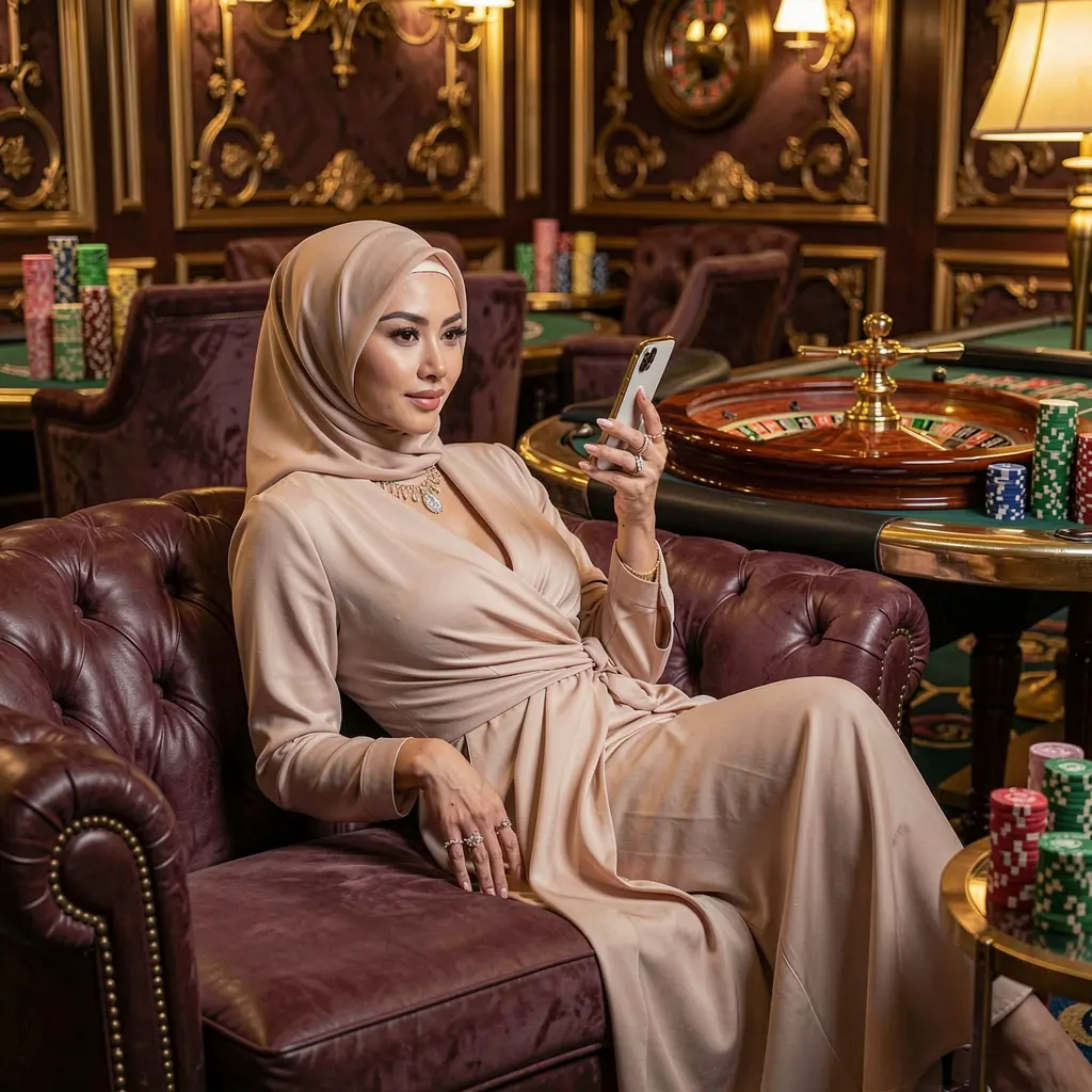Stylish Malaysian woman relaxing on a luxury sofa while using the ARAI33 casino app with a glowing roulette wheel and casino chips behind her
