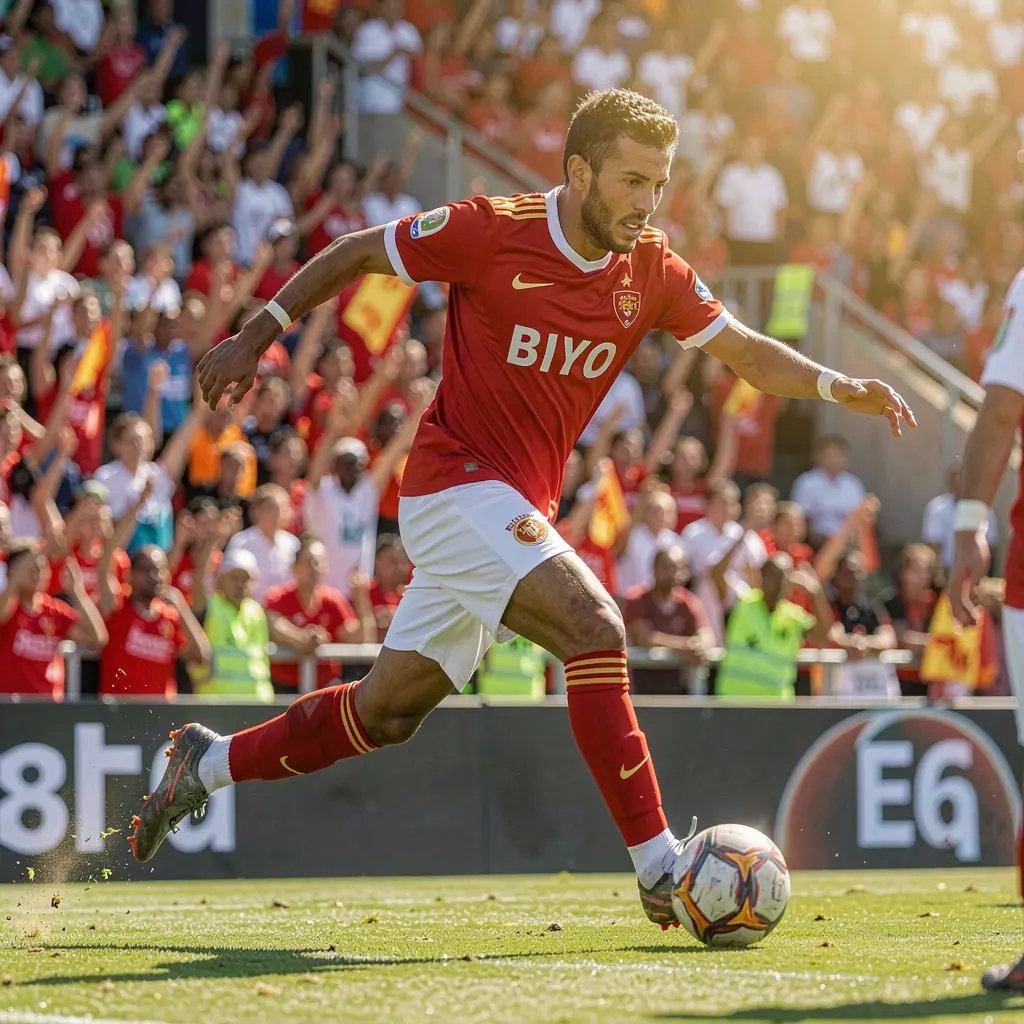 Dynamic soccer moment with a player controlling the ball in a crowded stadium symbolizing high energy live betting on ARAI33 for Malaysian users