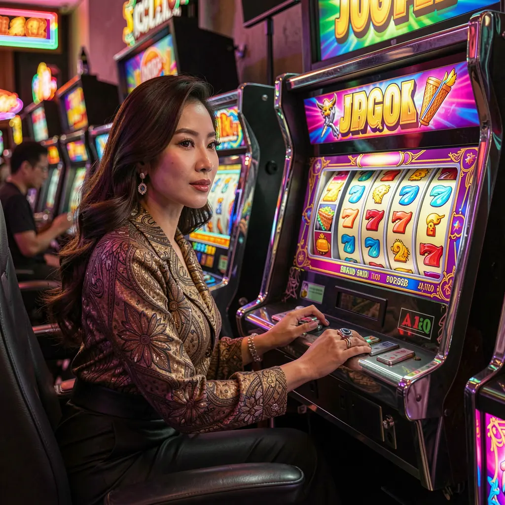 Stylish woman enjoying immersive slot gameplay on a modern machine at ARAI33 casino with colorful symbols and dramatic lighting